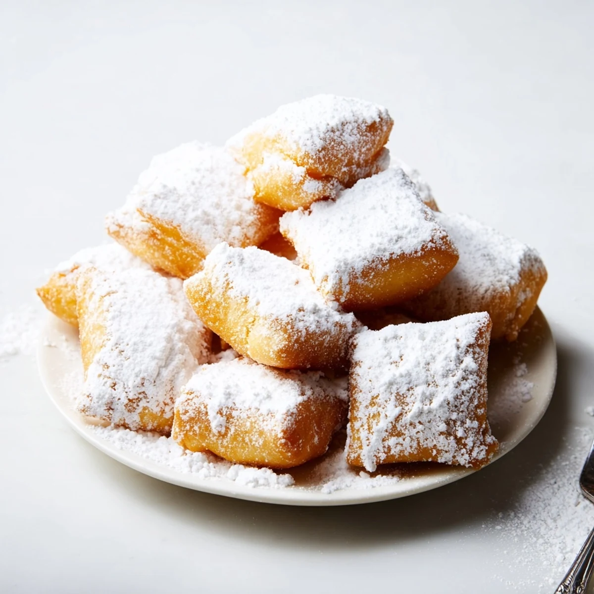 A plate of freshly fried Vanilla French Beignets, golden brown and generously dusted with powdered sugar.