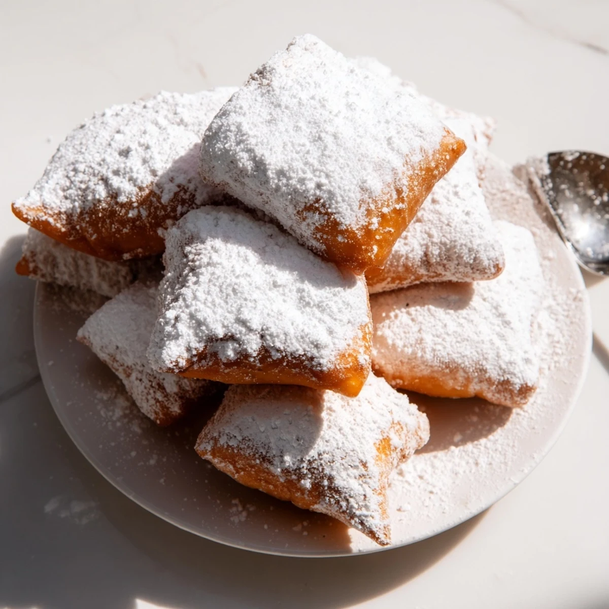 Close-up of pillowy Vanilla French Beignets dusted with powdered sugar, perfect for breakfast or a sweet dessert.