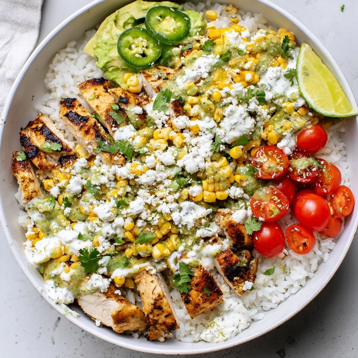 A close-up of a Street Corn Chicken Rice Bowl, featuring juicy grilled chicken, charred corn, creamy avocado, and fresh cherry tomatoes on fluffy rice.
