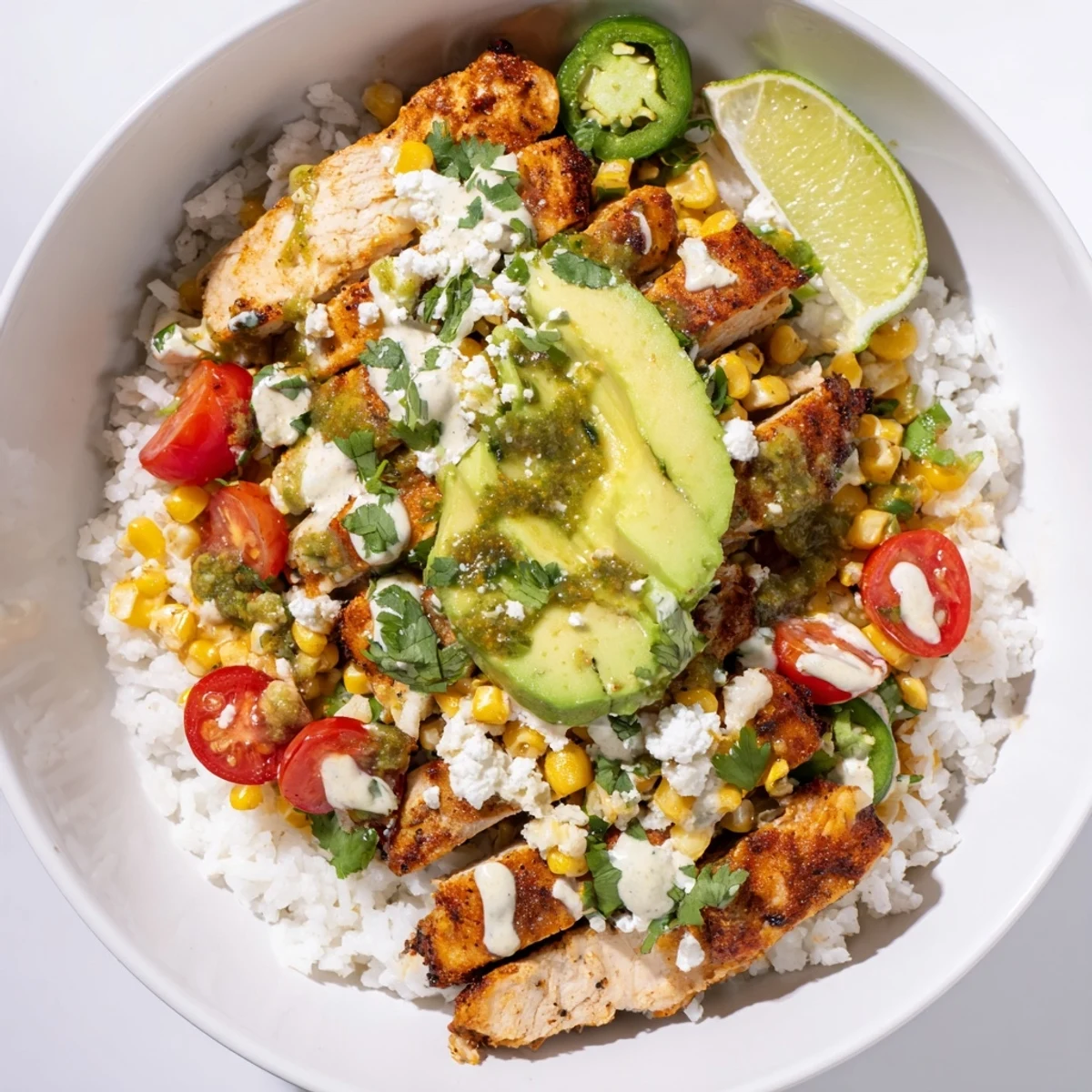 A beautifully plated Street Corn Chicken Rice Bowl topped with cotija cheese, cilantro, and lime wedges, ready for a flavorful weeknight dinner.