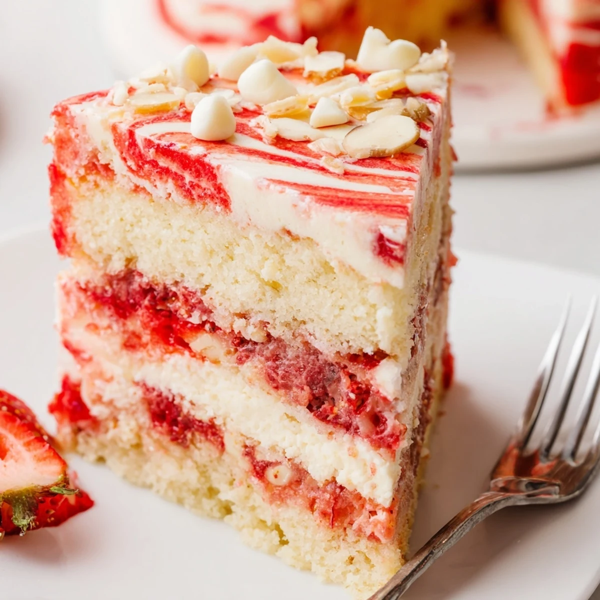 Served on a white plate, the Irresistible Strawberry Earthquake Cake glows with strawberry glaze and sliced almonds for extra crunch.