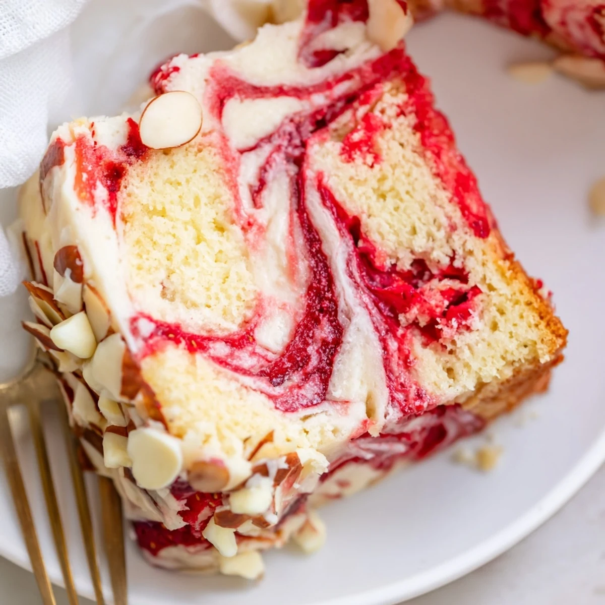 A fork lifts a tender wedge of Irresistible Strawberry Earthquake Cake revealing ribbons of strawberry and smooth cheesecake filling.