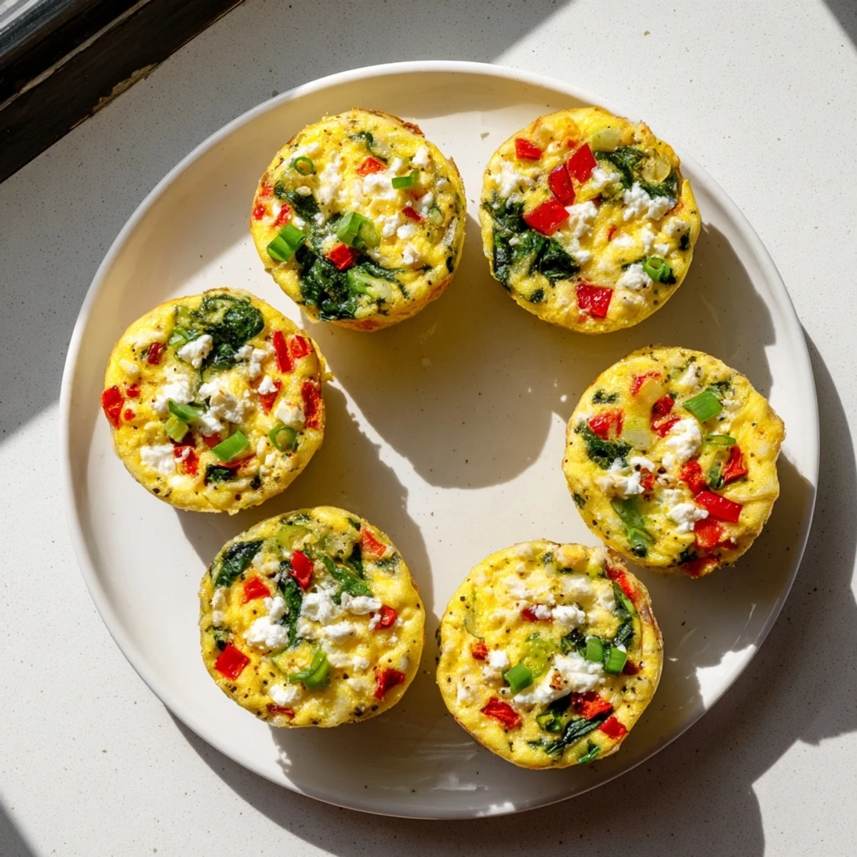 Golden-brown Egg Muffins with Spinach and Feta resting on a white plate next to a fresh cup of coffee.