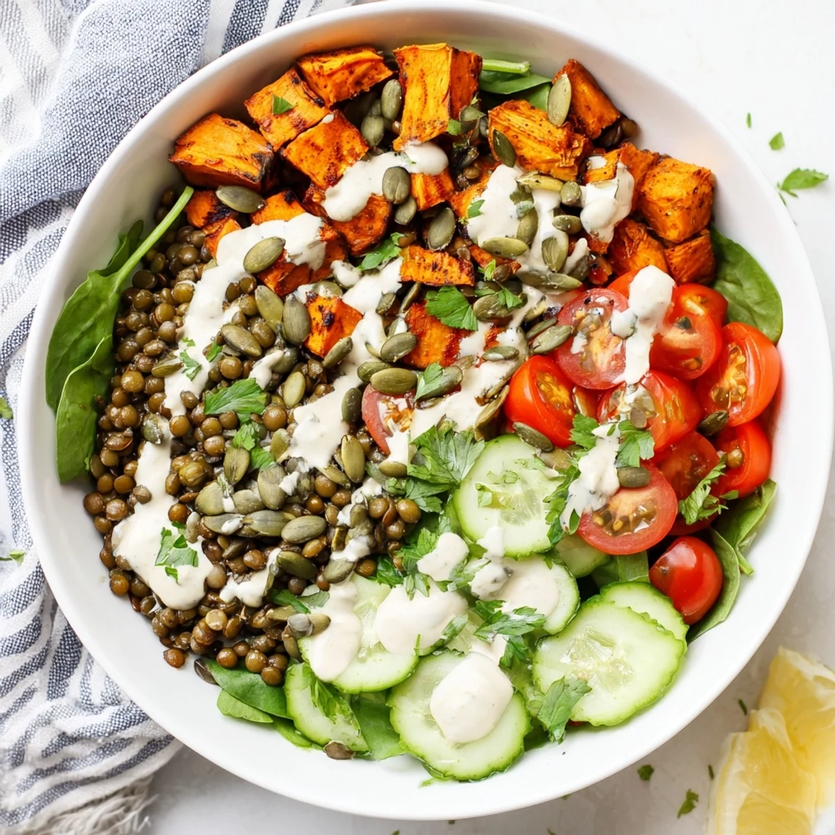 A close-up of the Healthy Lunch Sweet Potato Lentil Bowl showing golden roasted sweet potato cubes, tender lentils, and a creamy tahini drizzle.