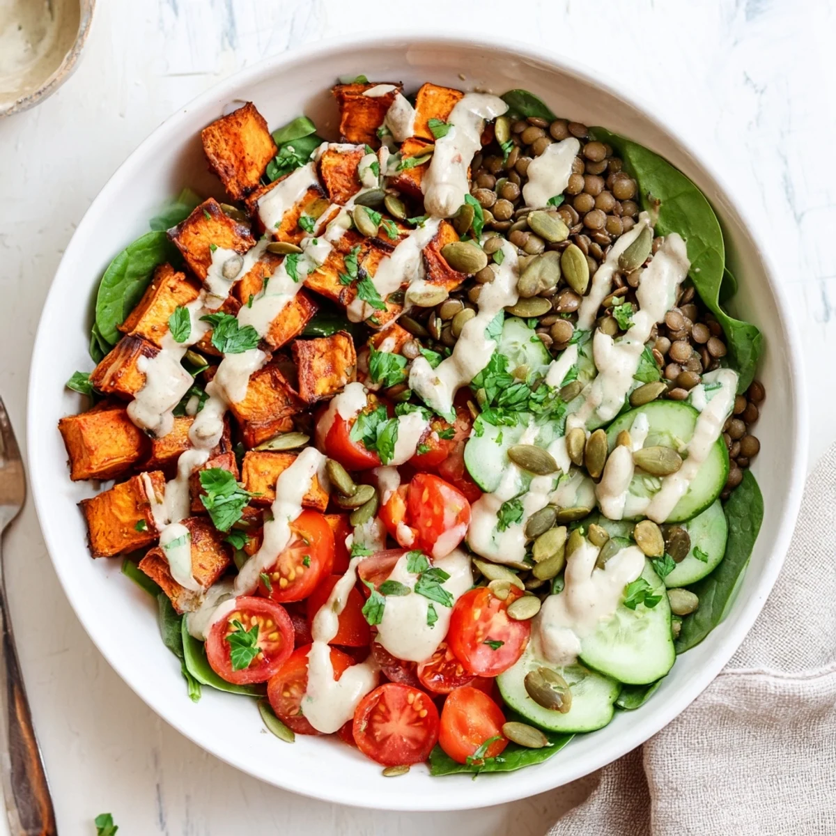 Overhead view of the Healthy Lunch Sweet Potato Lentil Bowl with vibrant colors, tahini dressing, and a spoon ready to serve for a midday meal.