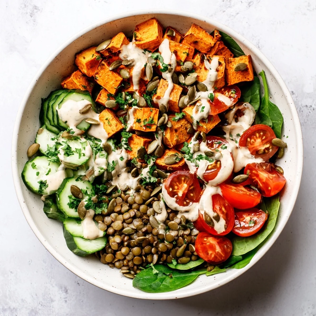 Healthy Lunch Sweet Potato Lentil Bowl garnished with toasted pumpkin seeds, diced cucumber, cherry tomatoes, and fresh parsley on a bed of greens.