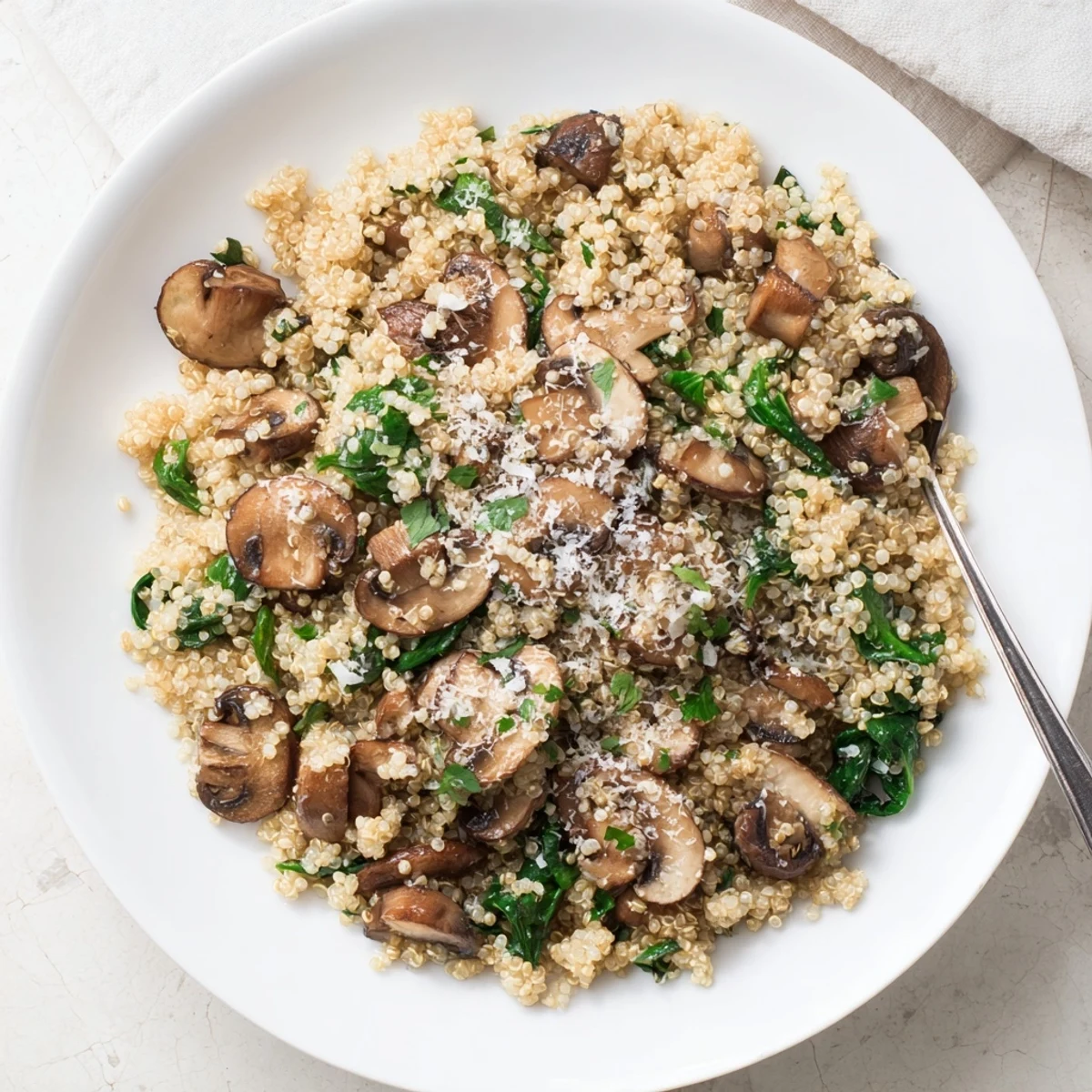 Golden sautéed mushrooms and garlic mingle with fluffy quinoa, creating the savory Garlicky Mushroom Quinoa main dish.