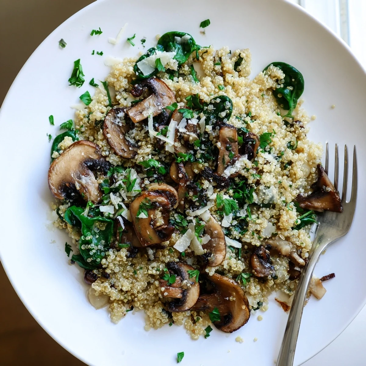 Steaming bowl of Garlicky Mushroom Quinoa topped with fresh parsley and Parmesan, served on a rustic table.