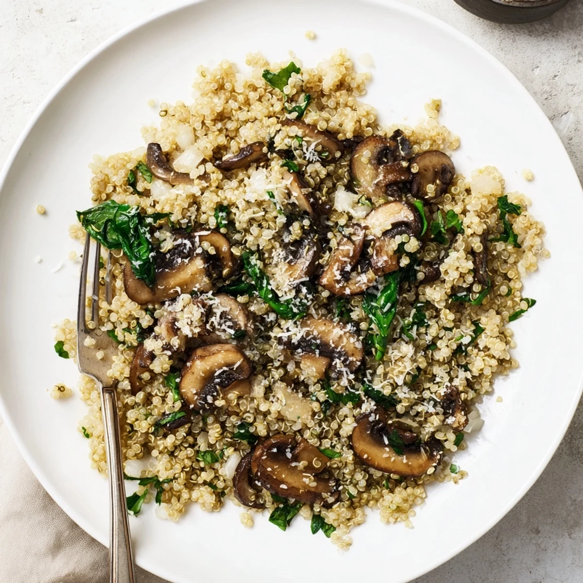 A vibrant vegetarian skillet of Garlicky Mushroom Quinoa with spinach and thyme, ready for a quick weeknight meal.