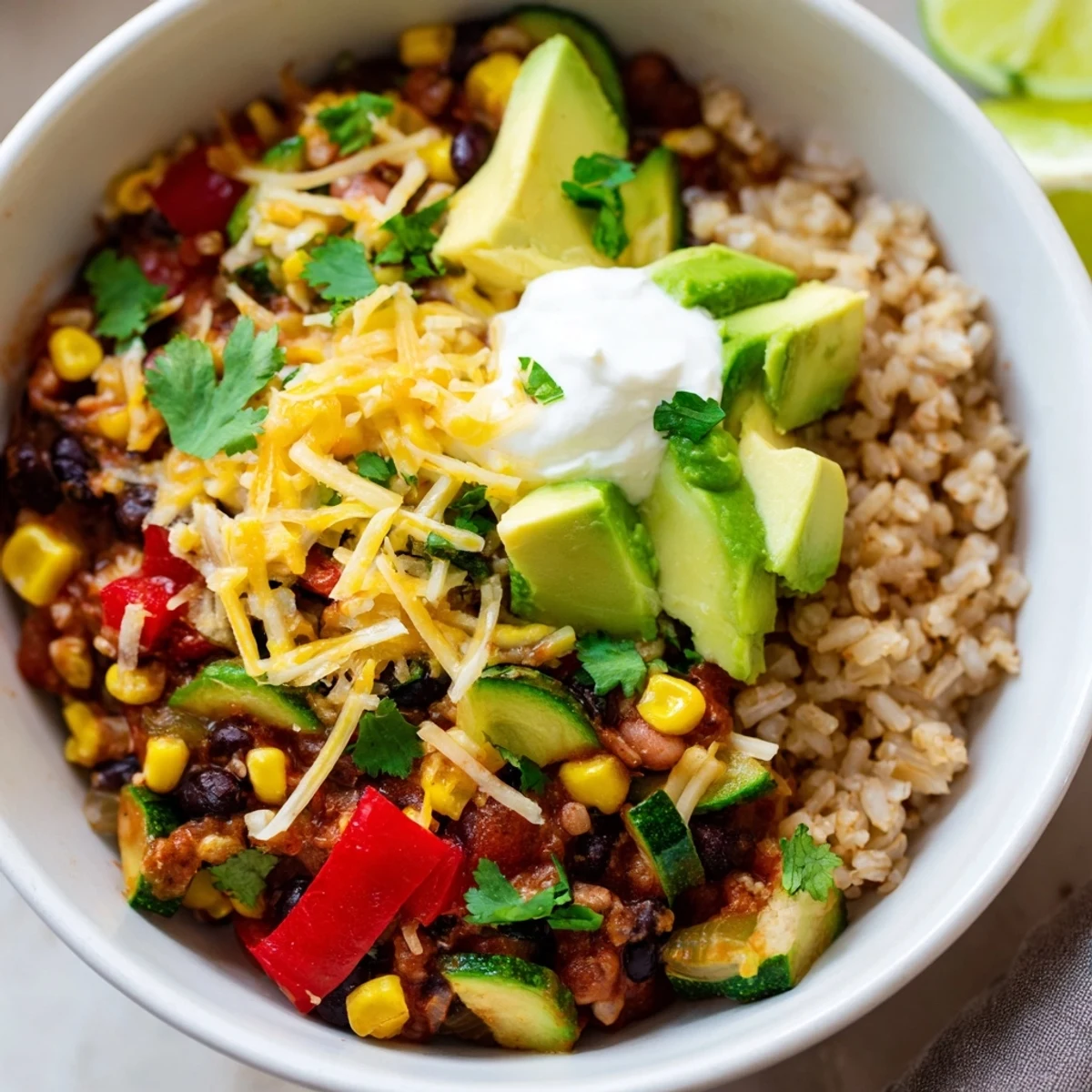 Steaming Southwest Spice Green Chile Bowl served over brown rice with lime wedges and jalapeño slices.