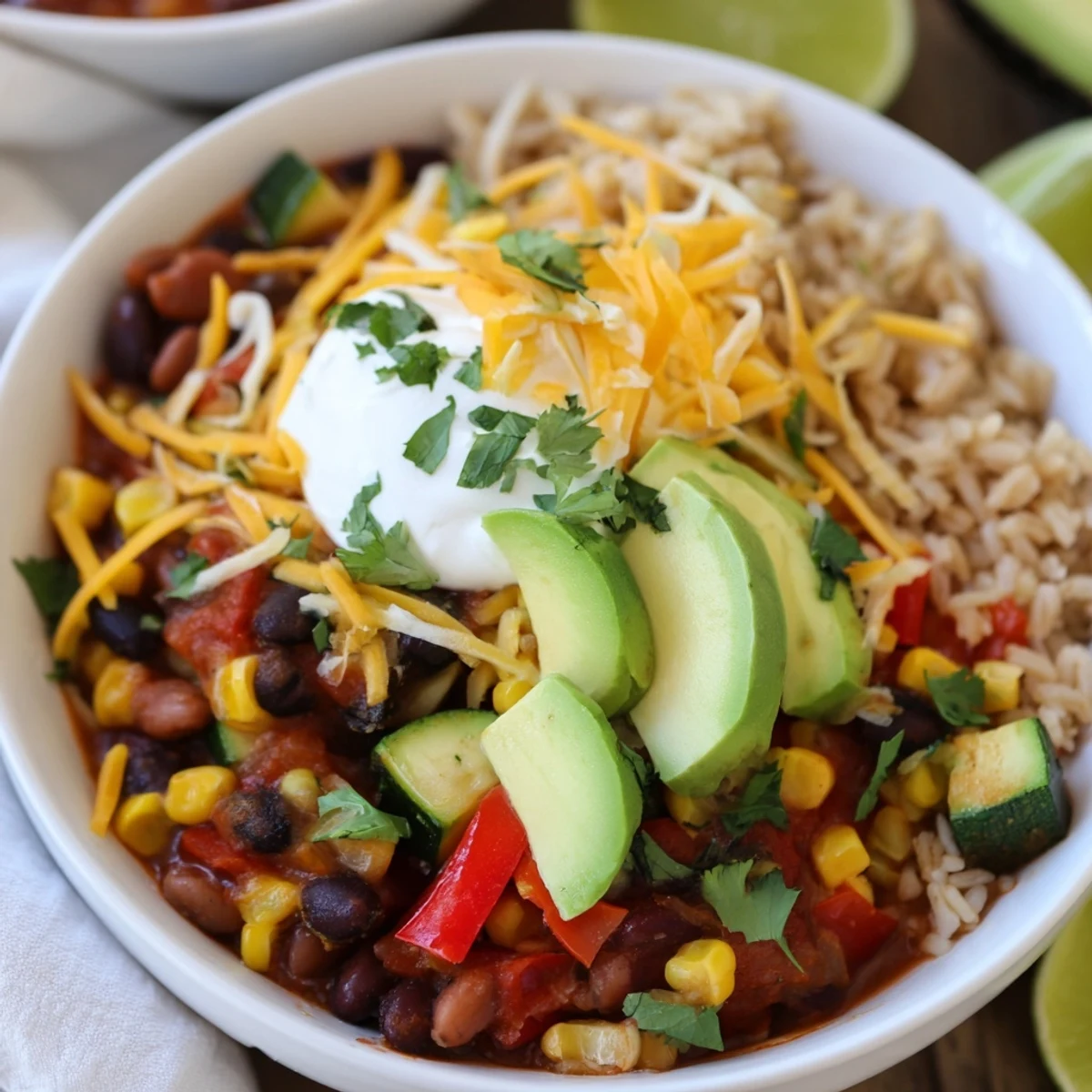A vibrant Southwest Spice Green Chile Bowl topped with avocado, cheese, and fresh cilantro on a rustic table.