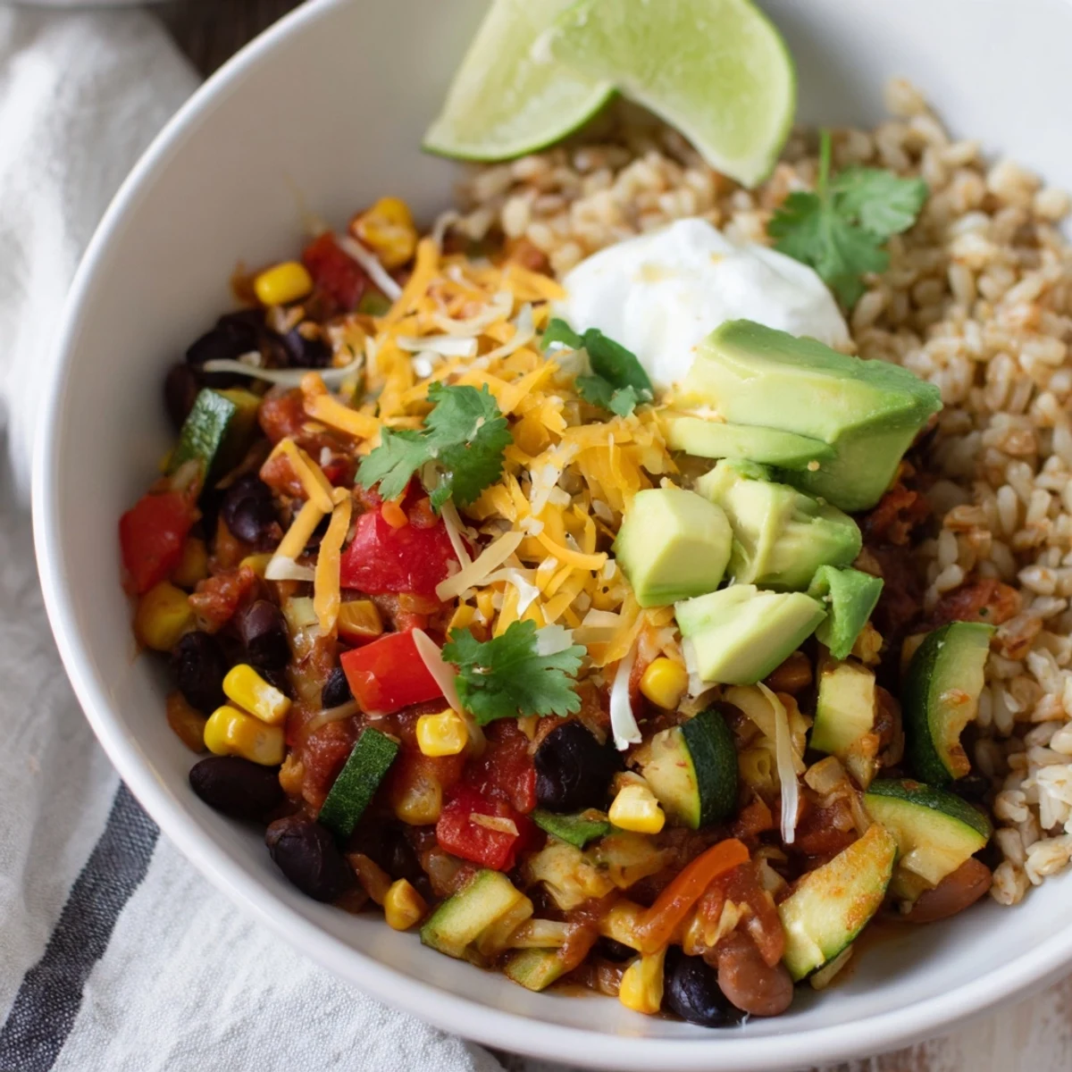 Close-up of a hearty Southwest Spice Green Chile Bowl revealing beans, corn, and green chiles.