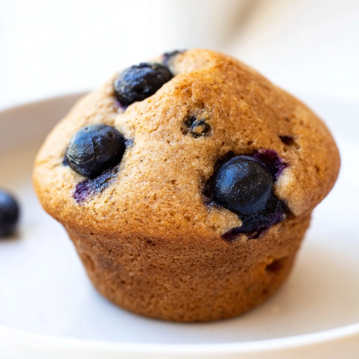Freshly baked Greek Yogurt Blueberry Protein Muffins rising with fluffy golden tops and bursting purple berries.