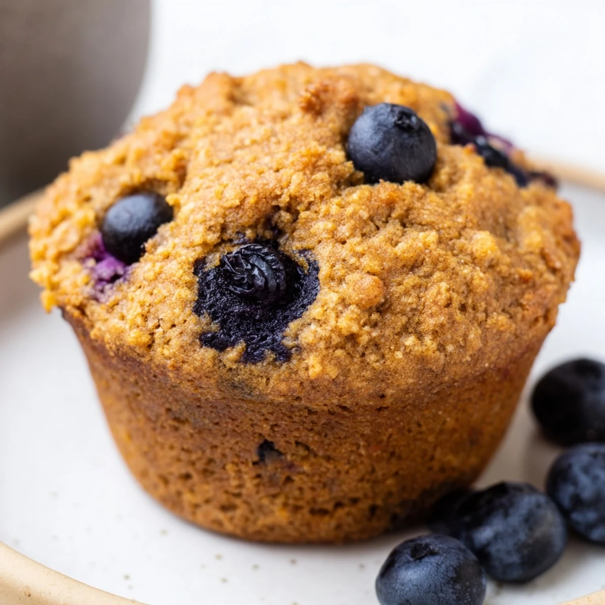 Close-up shot of Greek Yogurt Blueberry Protein Muffins revealing moist crumb texture and fresh blueberry pockets.