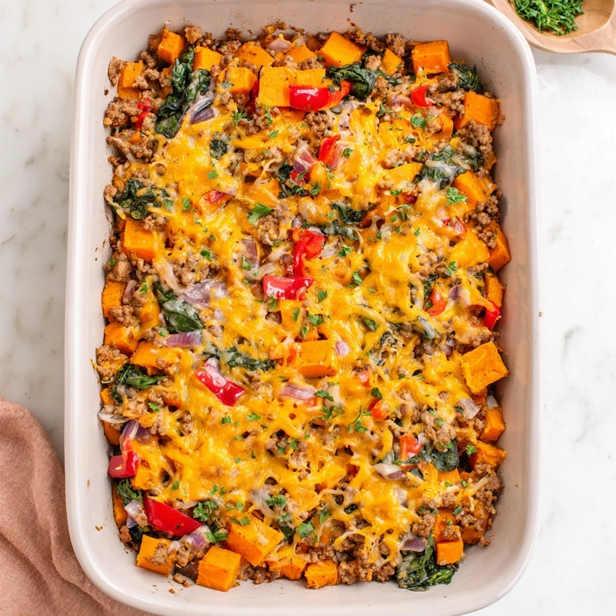 Sizzling skillet mixture of sweet potatoes and turkey transferred to a baking dish, ready to be served hot.
