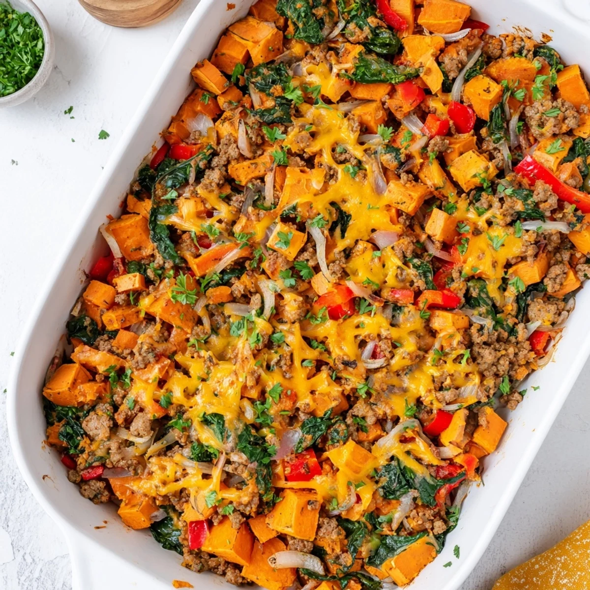 Ground Turkey Sweet Potato Bake straight from the oven, topped with melted cheddar and fresh parsley garnish.