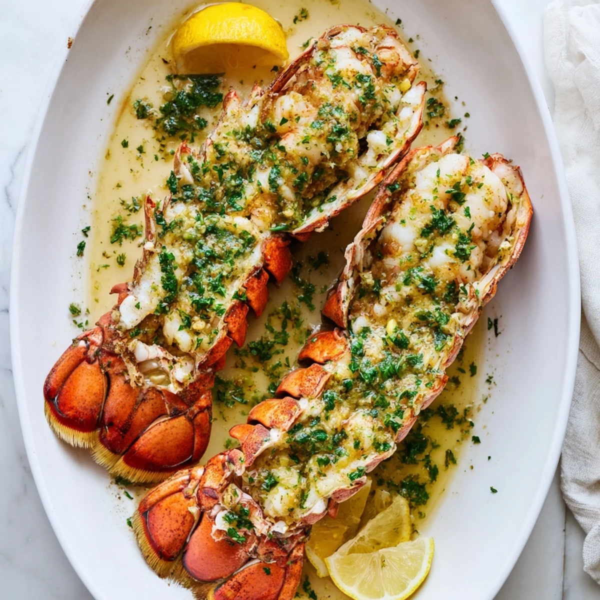 Freshly baked Easy Baked Lobster Tails garnished with lemon wedges and parsley, paired with steamed vegetables.