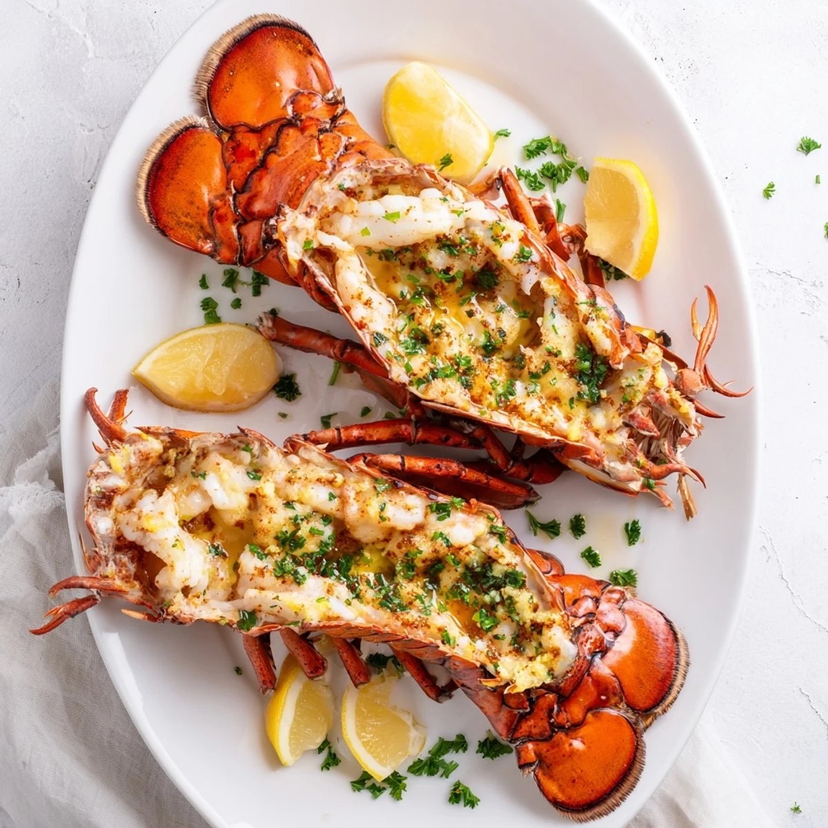 Juicy Easy Baked Lobster Tails rested on a plate, with melted butter and a lemon wedge garnish.