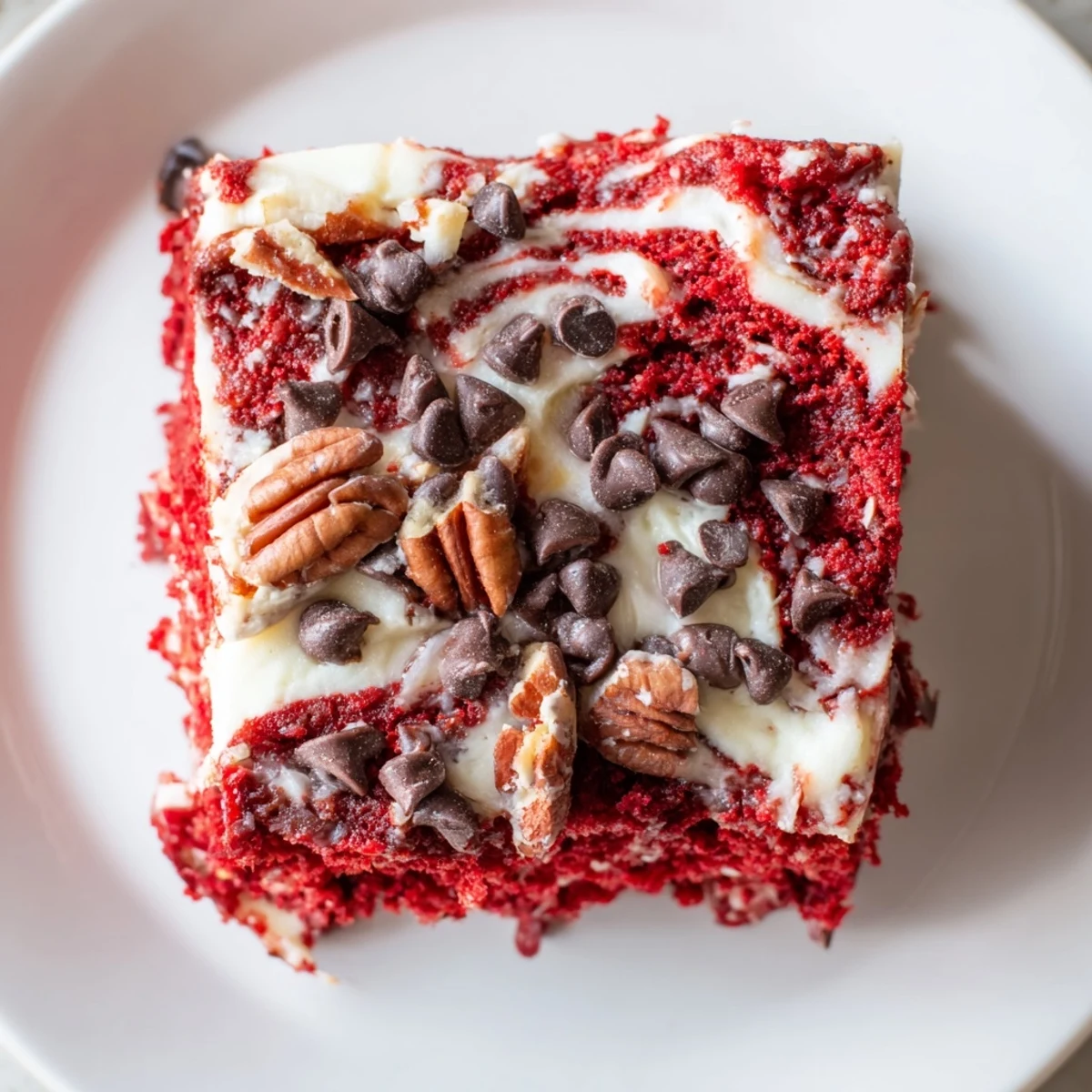 A slice of Red Velvet Earthquake Cake with cream cheese swirls and melted chocolate chips.