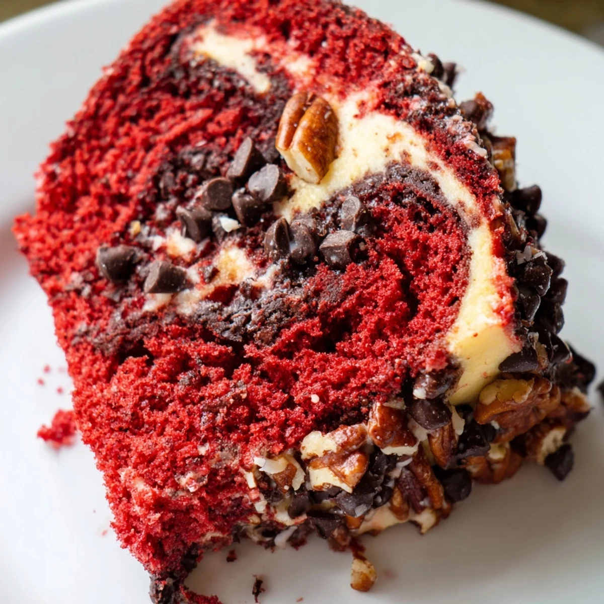 Warm Red Velvet Earthquake Cake topped with pecans and shredded coconut on a plate.