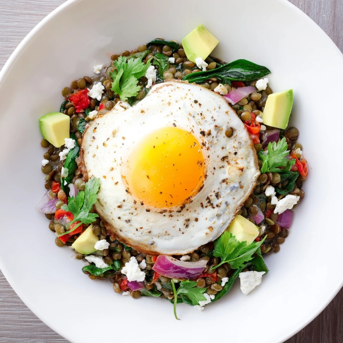 A close-up of the Savory Lentil Breakfast Bowl, showcasing the perfectly cooked egg yolk over warm lentils and sautéed spinach.
