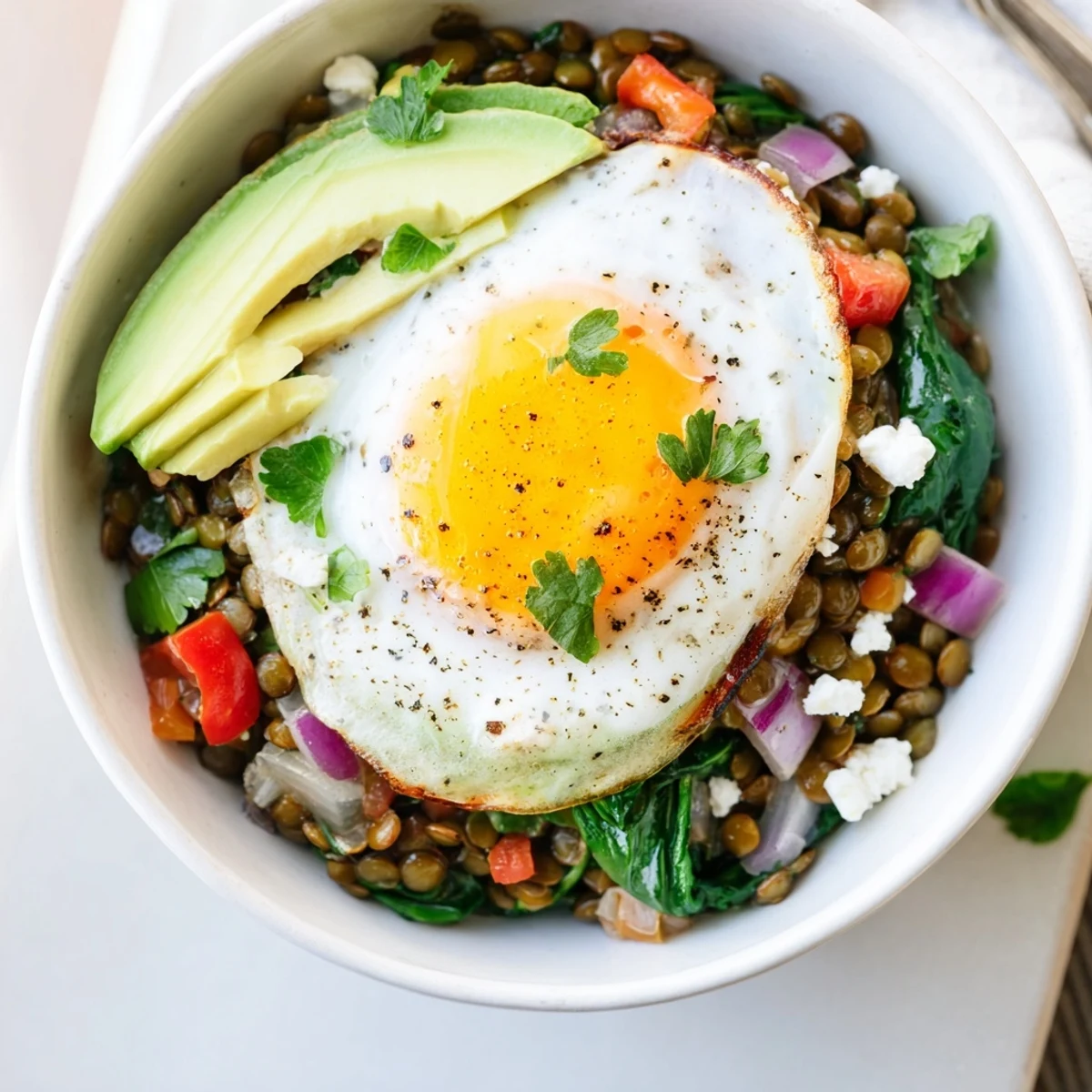 Hearty Savory Lentil Breakfast Bowl garnished with fresh cilantro, feta cheese, and a dusting of smoked paprika.