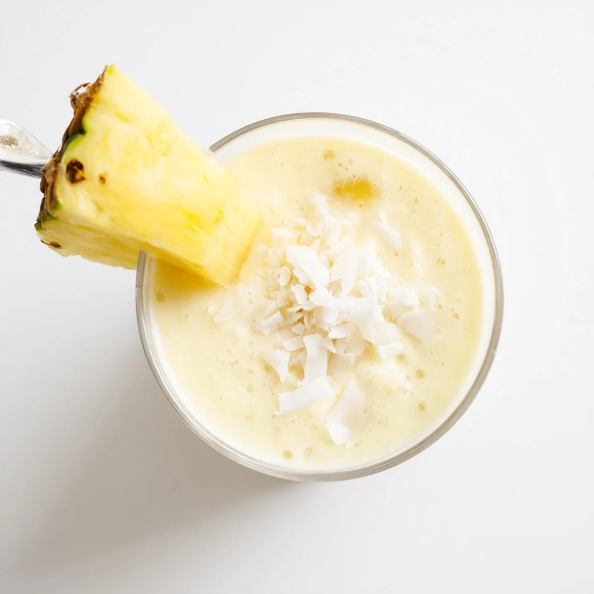 Two glasses of Pineapple Coconut Smoothie on a sunny table, blending sweet pineapple chunks and coconut milk over ice for a refreshing snack.