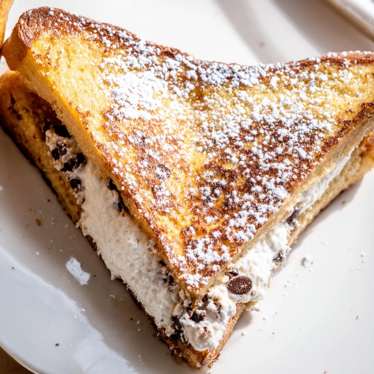 A close-up of Decadent Cannoli Stuffed French toast with creamy filling and chocolate chips in brioche.