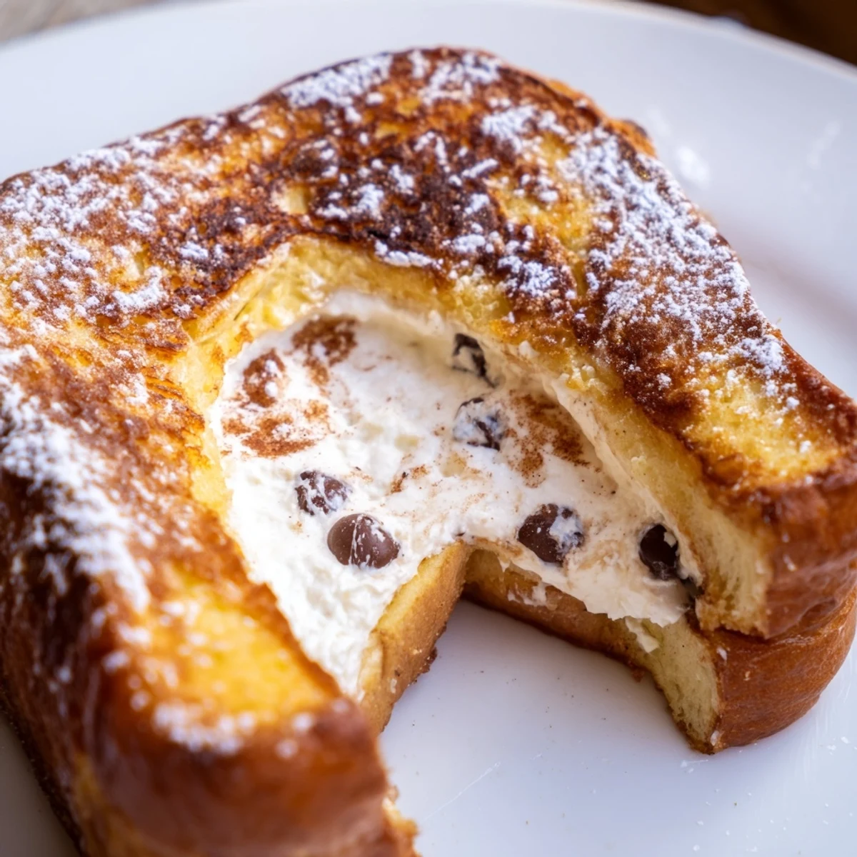 Thick golden slices of Decadent Cannoli Stuffed French toast dusted with powdered sugar on a white plate.