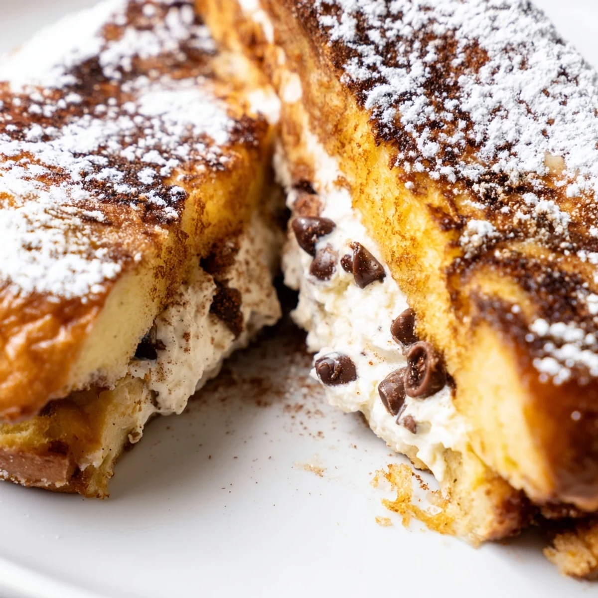 Indulgent Decadent Cannoli Stuffed French toast plated with fresh berries and maple syrup for a brunch meal.