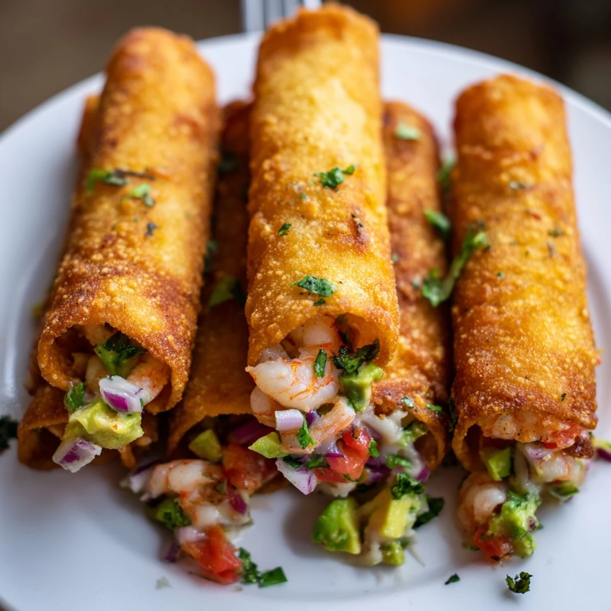 This close-up of Crispy Shrimp Avocado Taquitos shows juicy shrimp and creamy avocado filling.