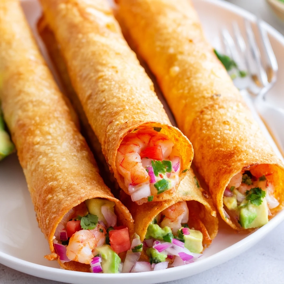 Fresh Crispy Shrimp Avocado Taquitos served with sour cream and cilantro for dipping.