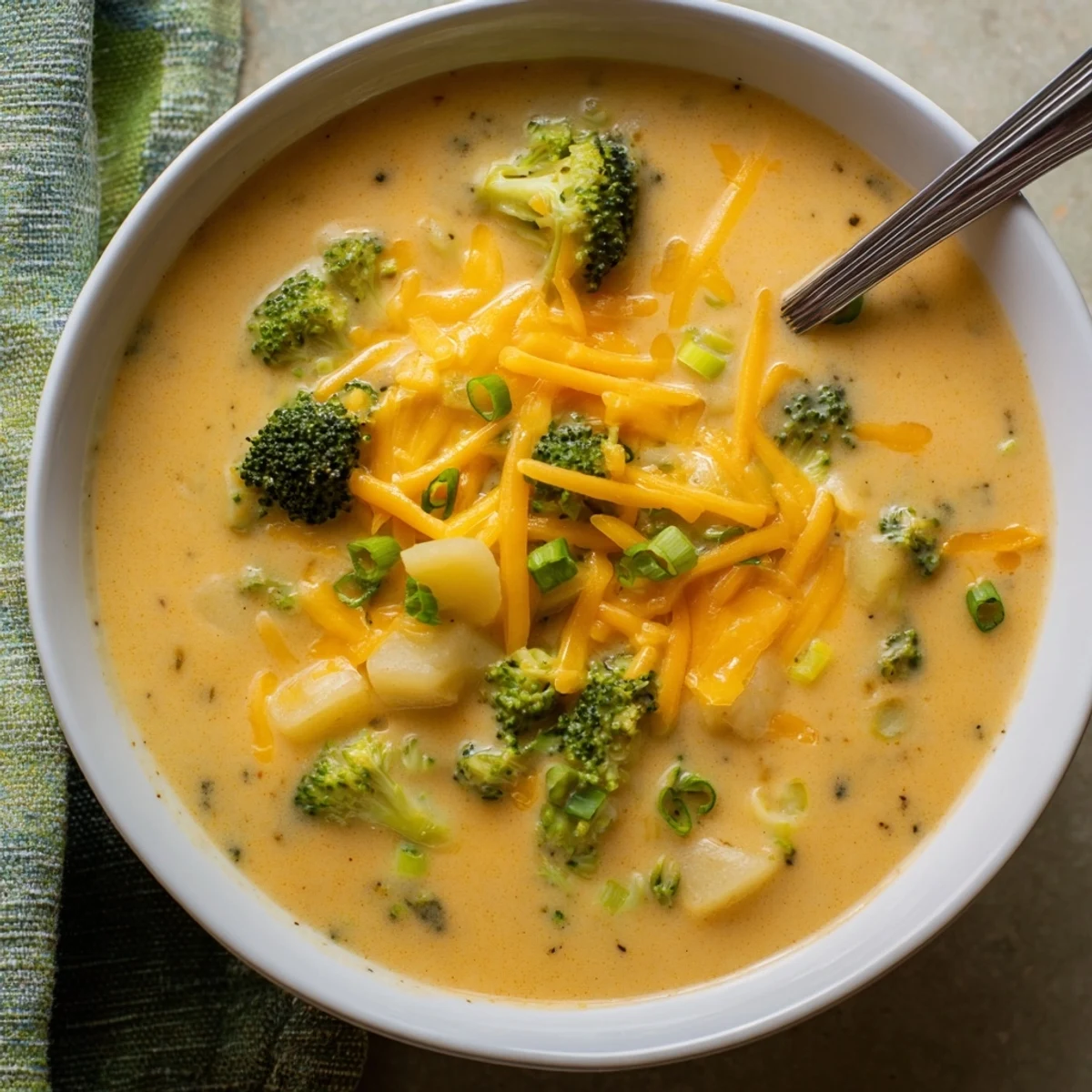 Creamy Cheesy Broccoli Potato Soup in a rustic bowl with melted cheddar and fresh chives garnish.