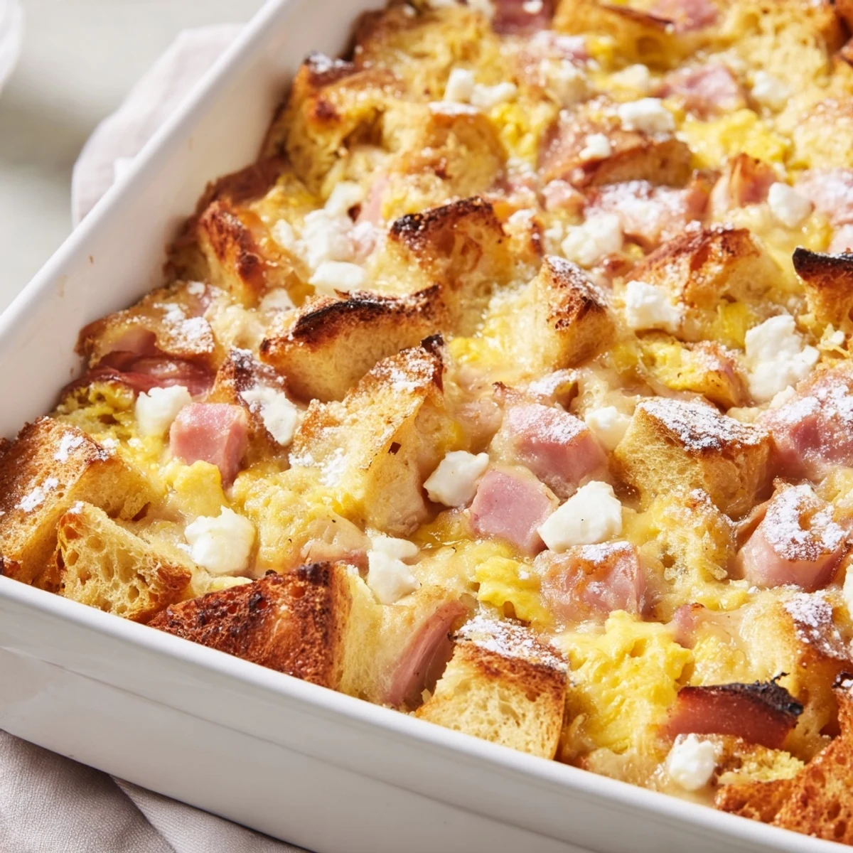 This Monte Cristo Breakfast Casserole features golden brioche cubes soaked in rich egg custard, layered with savory ham and turkey, and topped with melted Swiss cheese dusted in powdered sugar.