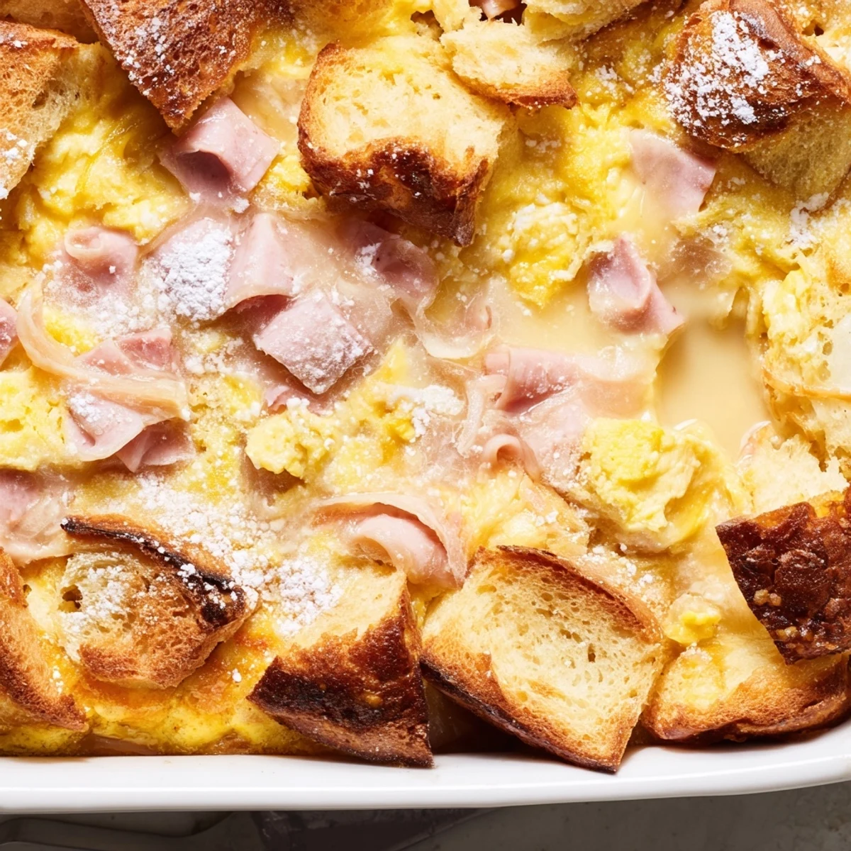 Enjoy a warm slice of this Monte Cristo Breakfast Casserole, revealing tender bread, diced ham, turkey, and creamy Swiss cheese, ready to be dipped in sweet raspberry preserves.