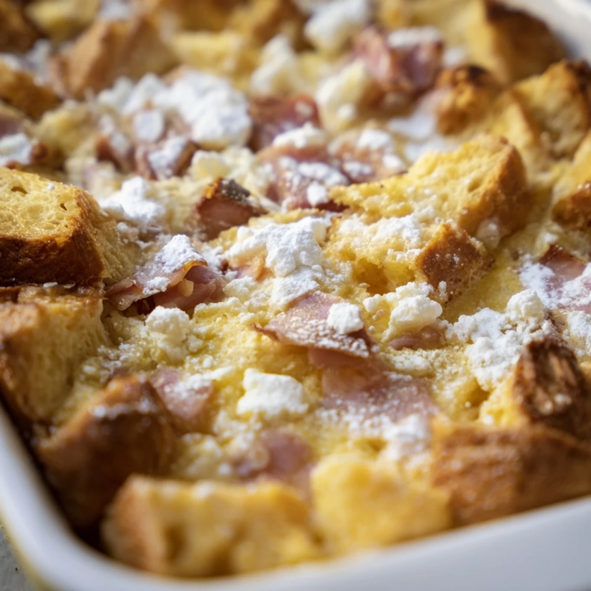 Imagine a hearty Monte Cristo Breakfast Casserole with a golden crust, showcasing layers of brioche, savory meats, and Swiss cheese, served warm on a festive brunch table.