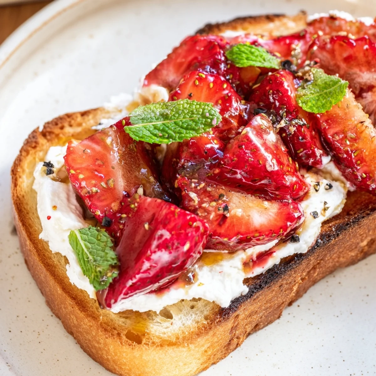 Roasted Strawberry Whipped Ricotta Toast served on rustic sourdough with glossy strawberries and a lemon zest drizzle.