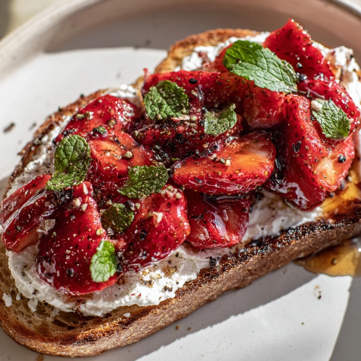 Close-up of Roasted Strawberry Whipped Ricotta Toast, showing creamy ricotta spread and juicy roasted berries.