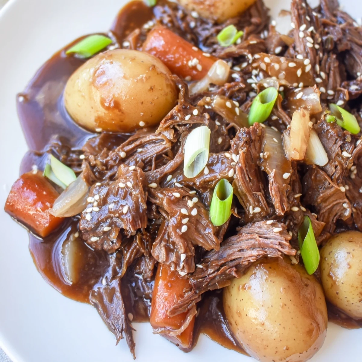 Savory soy garlic gravy coats shredded Korean beef pot roast served alongside steamed rice and scallions.
