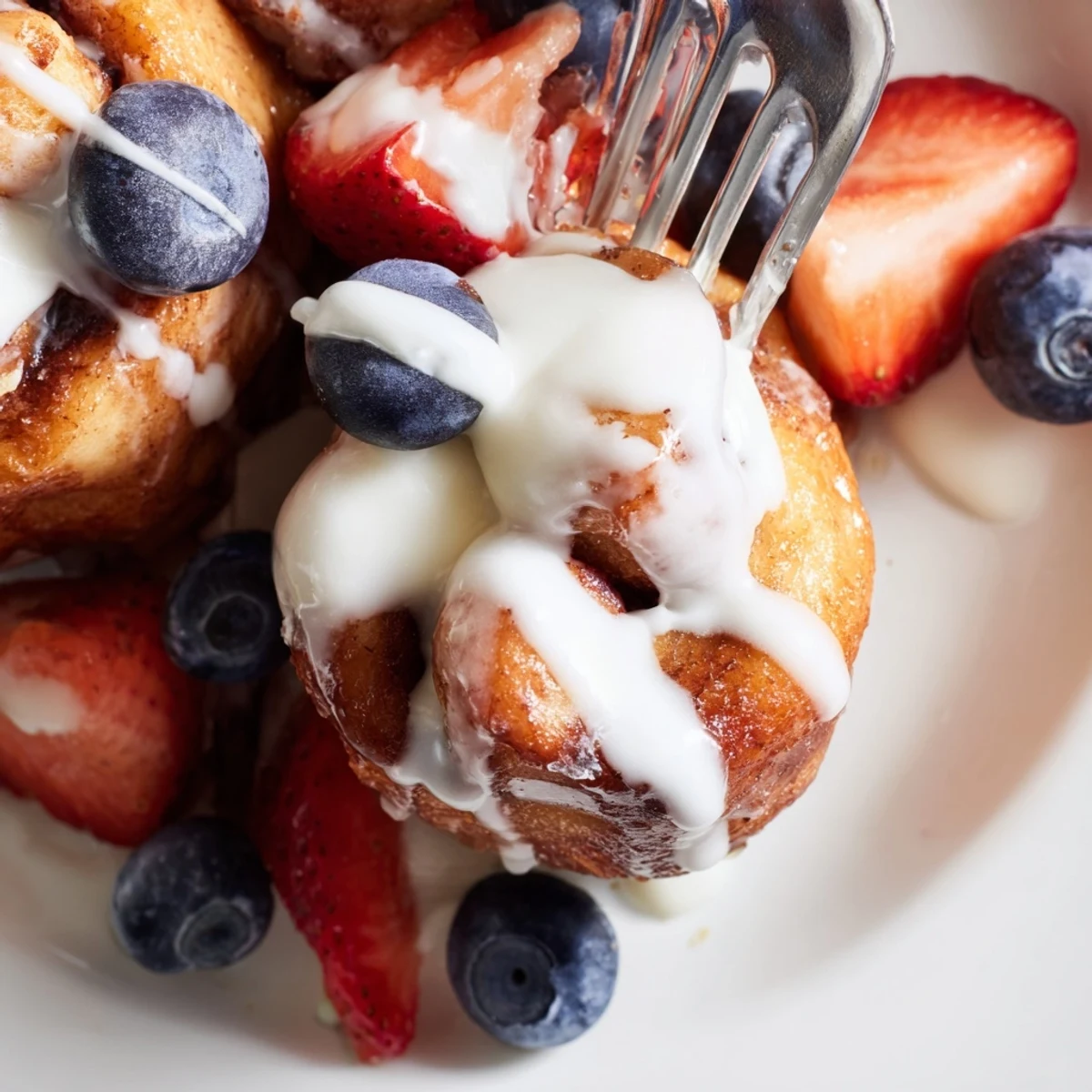 Platter of bite-sized Cinnamon Roll French Toast Bites topped with a dusting of powdered sugar and a side of creamy whipped cream.