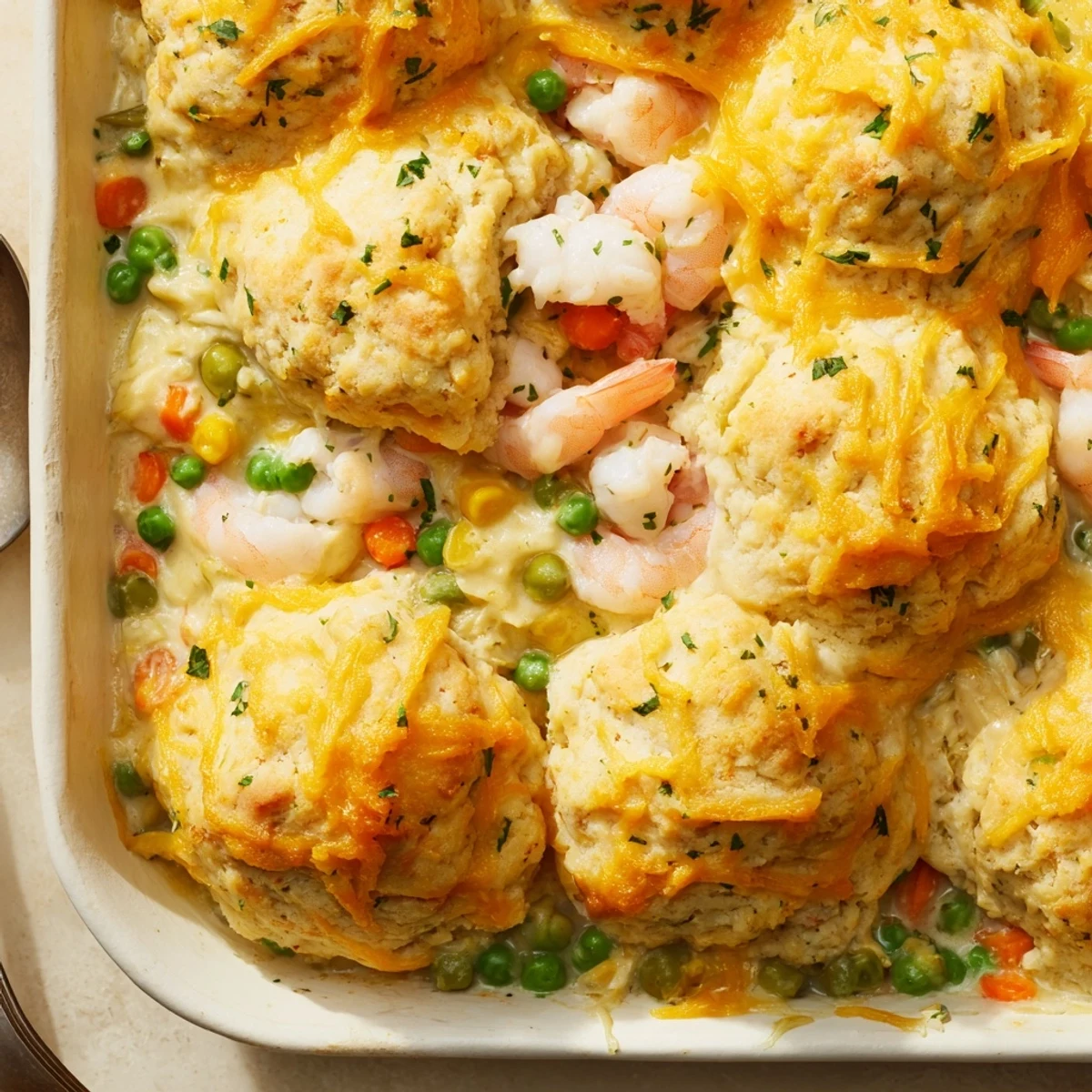 Freshly baked Seafood Pot Pie with Cheddar Bay Biscuit Topping shows flaky, cheesy biscuits over a creamy filling.