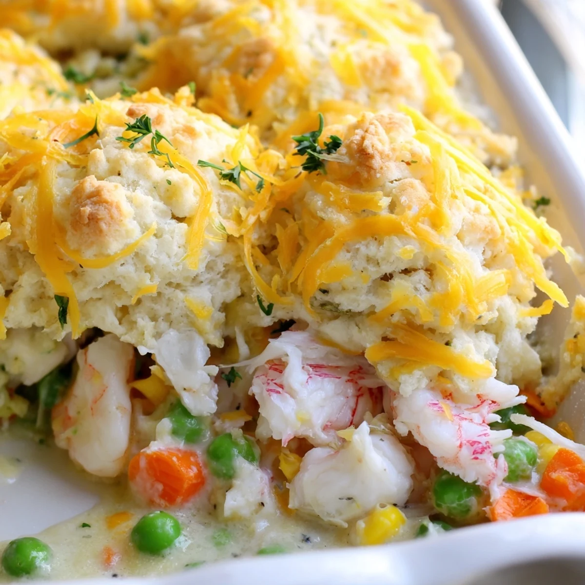 A close-up slice of Seafood Pot Pie with Cheddar Bay Biscuit Topping reveals shrimp and crab in velvety sauce.
