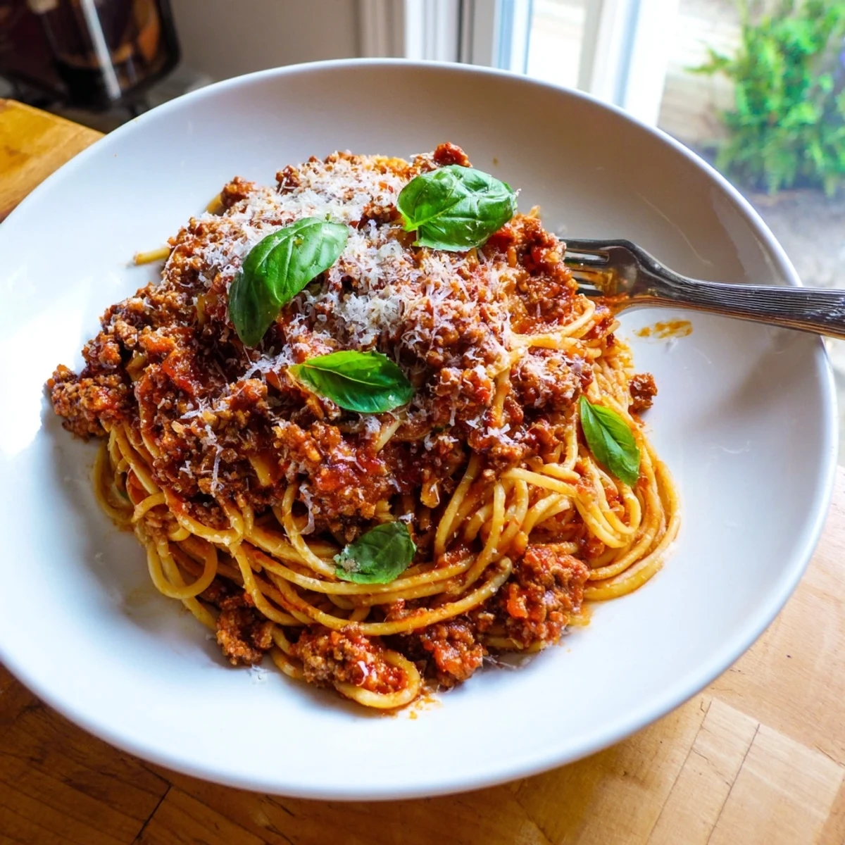 Close-up of The Bear Spaghetti twirled on a fork over a rustic Italian-American plate.