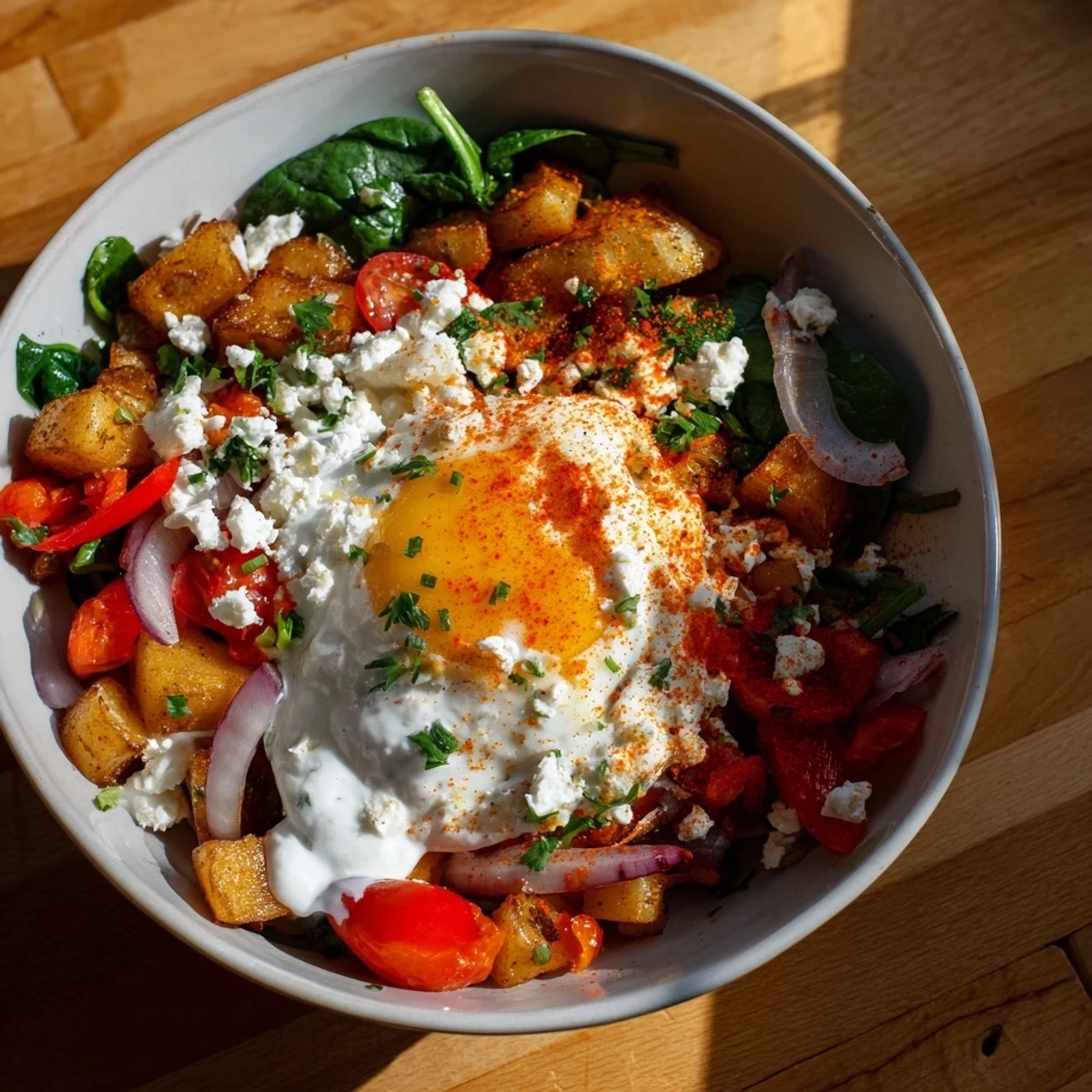 A close-up of a Savory Breakfast Bowl with crispy potatoes, wilted spinach, and a runny egg yolk, drizzled with creamy yogurt sauce.