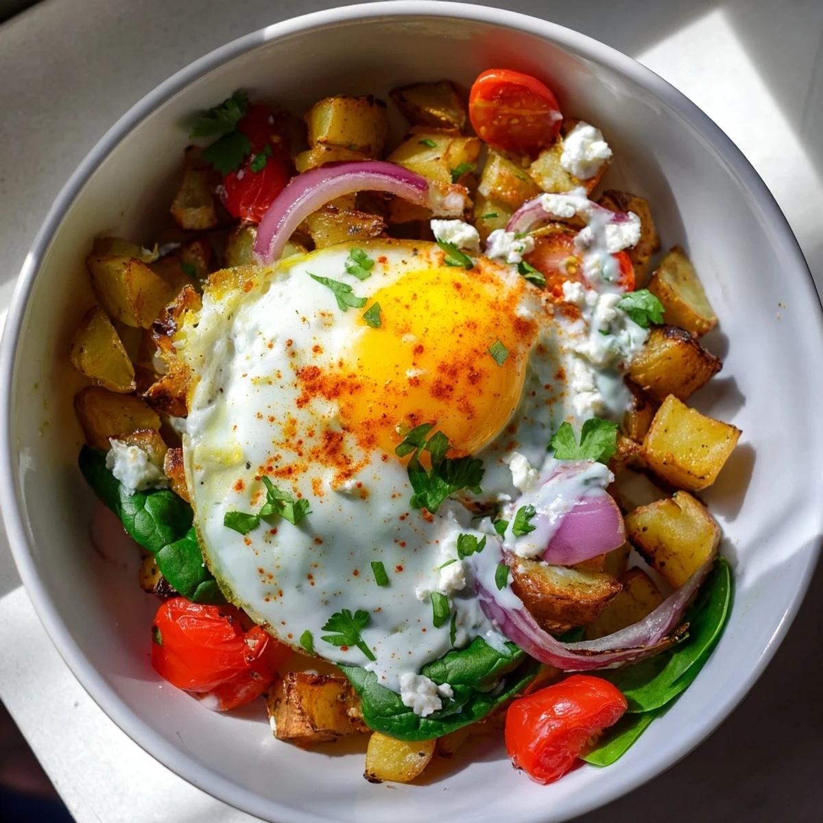 Overhead view of a warm Savory Breakfast Bowl with cherry tomatoes, spinach, and crumbled feta, ready to enjoy for a healthy start.