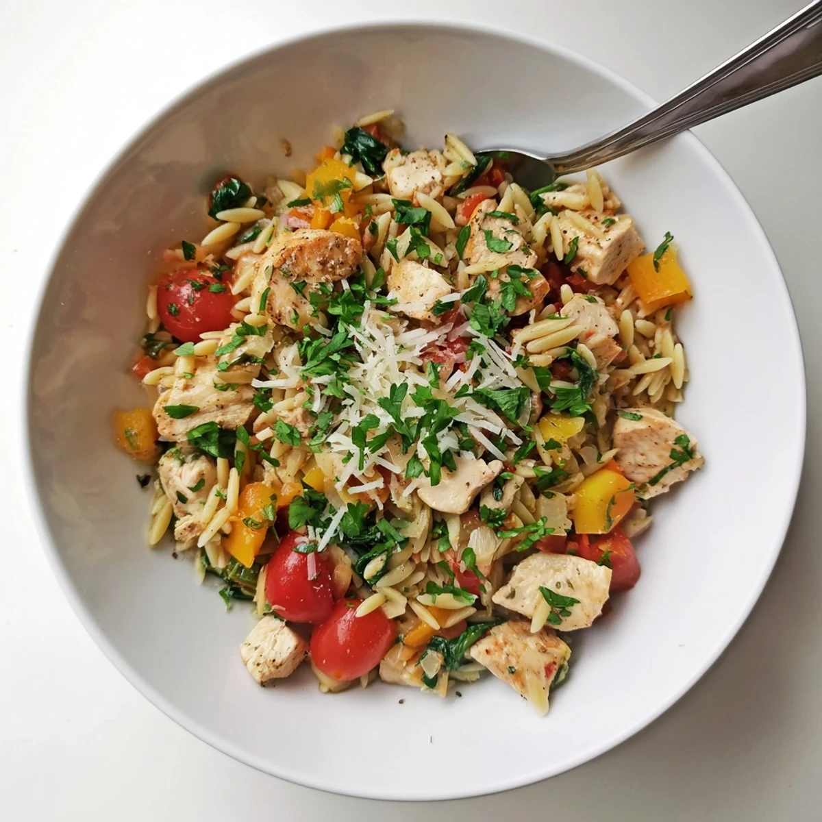 Close-up shot of the High Protein Chicken Orzo revealing golden brown chicken, melted Parmesan, and fluffy orzo pasta coated in a light herbed sauce.