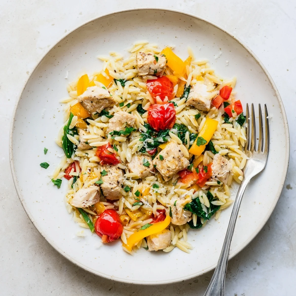 A top-down view of a freshly cooked High Protein Chicken Orzo in a skillet, featuring tender chicken pieces, bright red tomatoes, and wilted spinach.