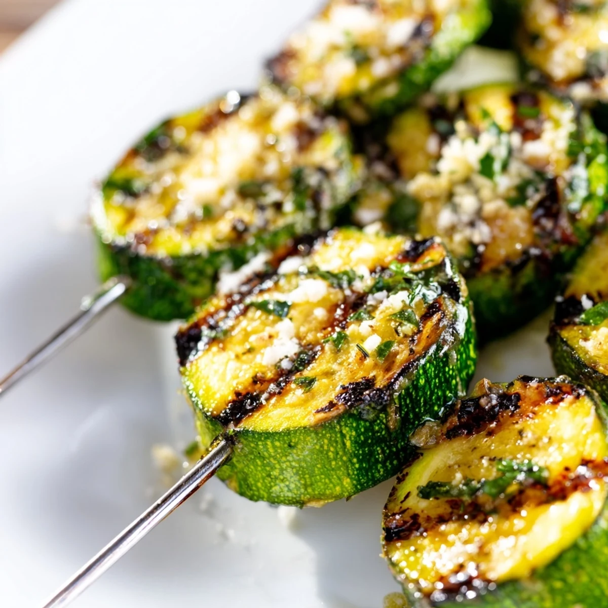 Grilled Garlic Butter Zucchini Skewers with tender rounds brushed in herbaceous butter and lemon zest.