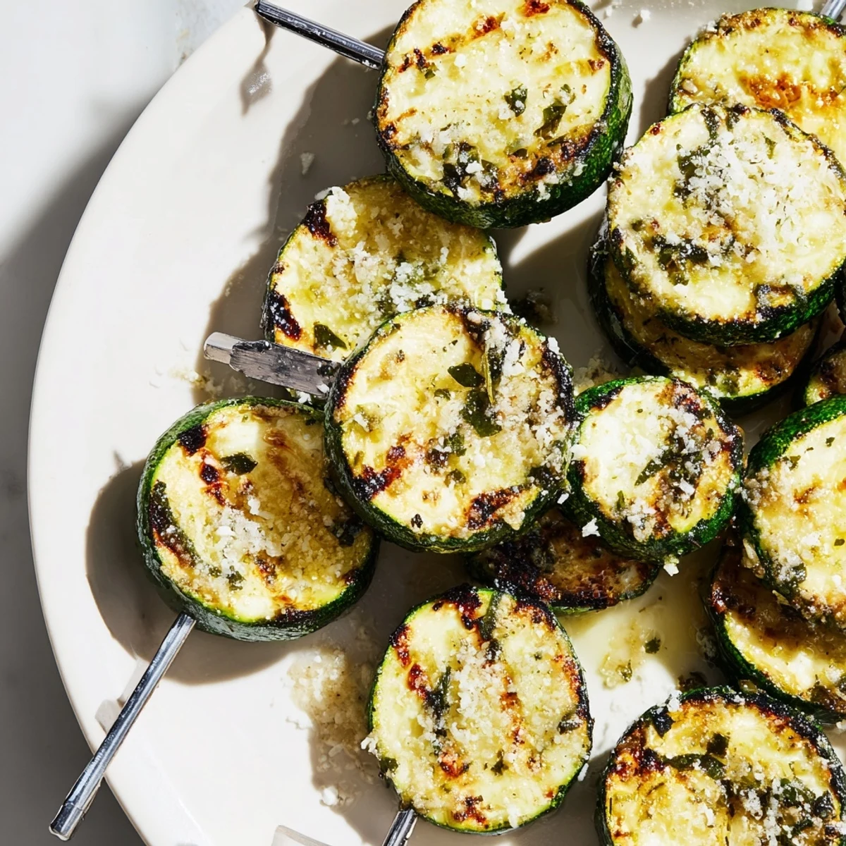 Platter of Garlic Butter Zucchini Skewers served with lemon wedges for a bright summery side.