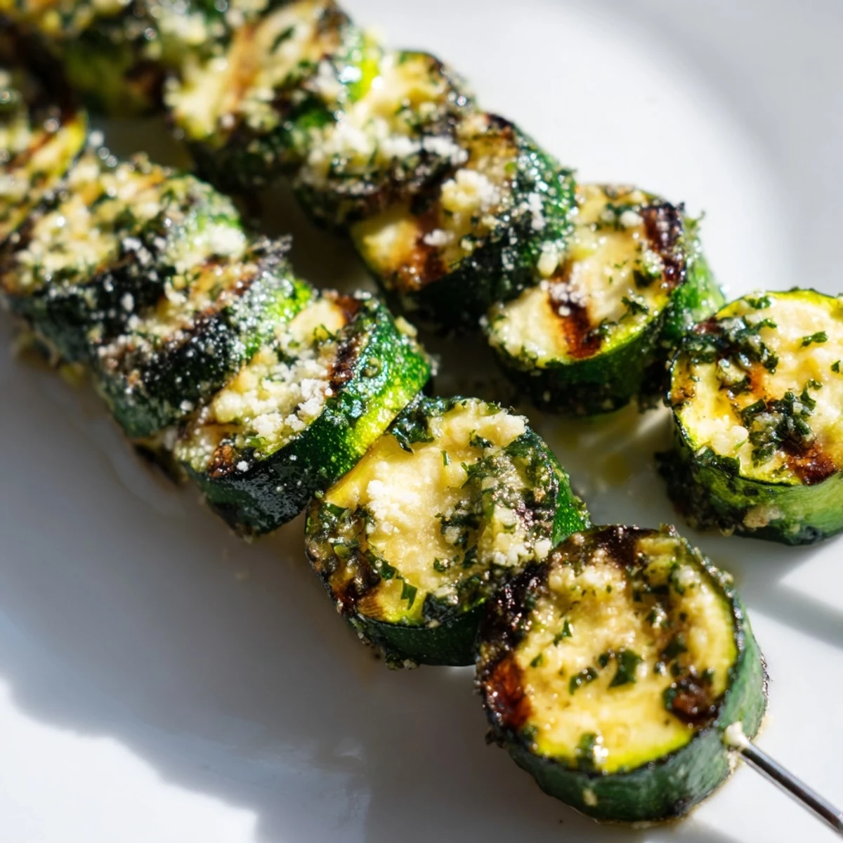 Juicy Garlic Butter Zucchini Skewers resting beside Parmesan and parsley, perfect for a vegetarian main.